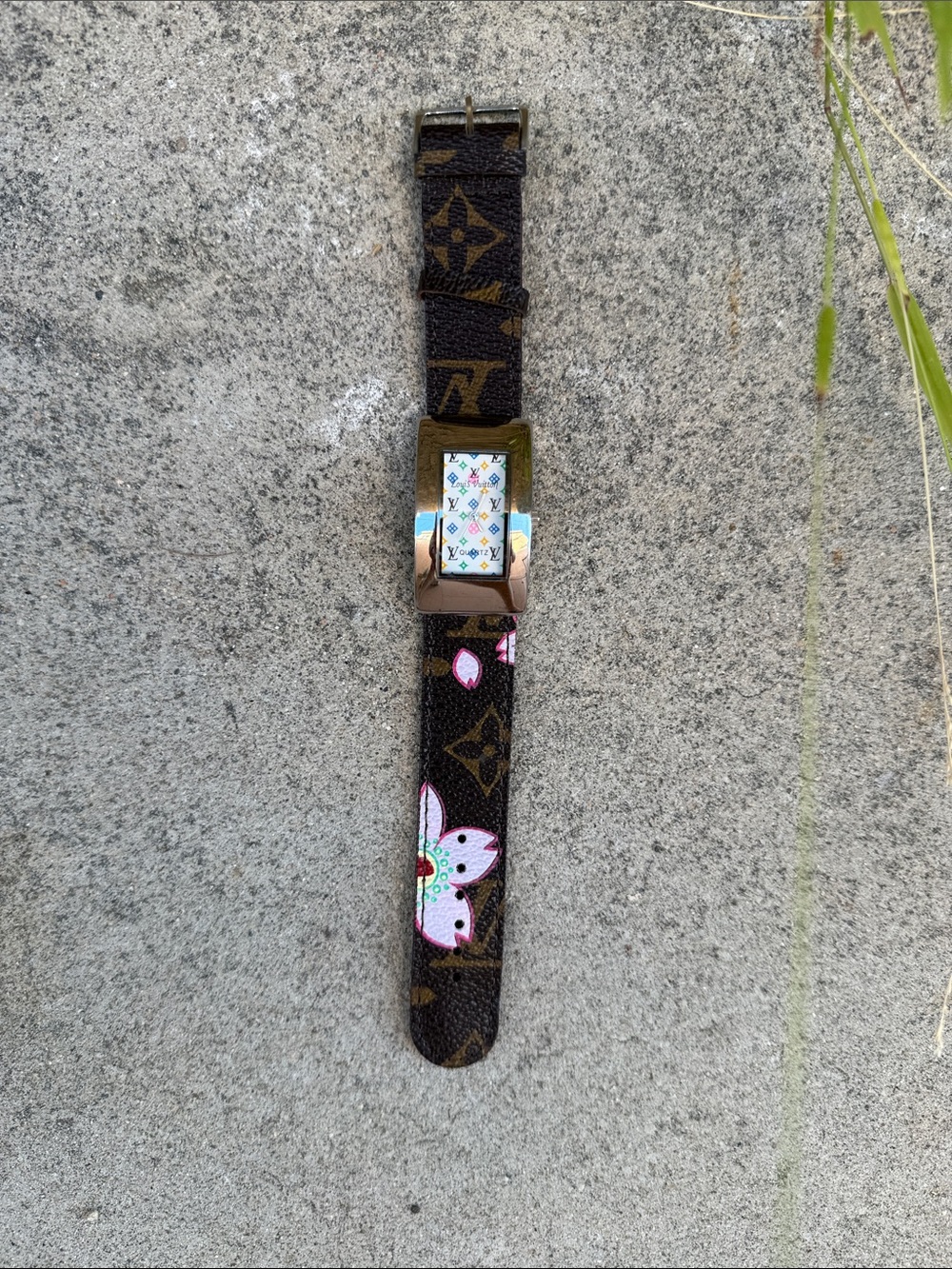 Brown Leather LV Monogram Floral Print Watch, Silver Face